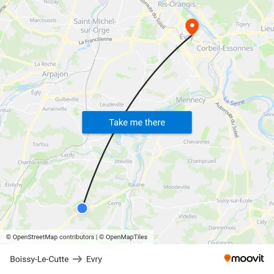 Boissy-Le-Cutte to Evry map