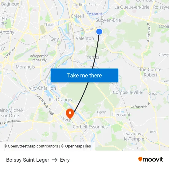Boissy-Saint-Leger to Evry map
