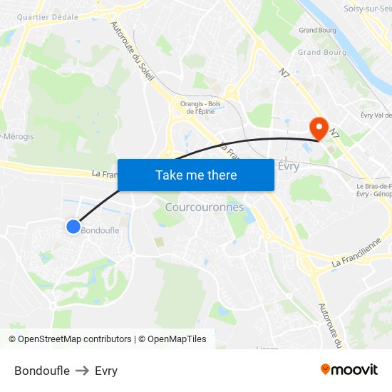 Bondoufle to Evry map