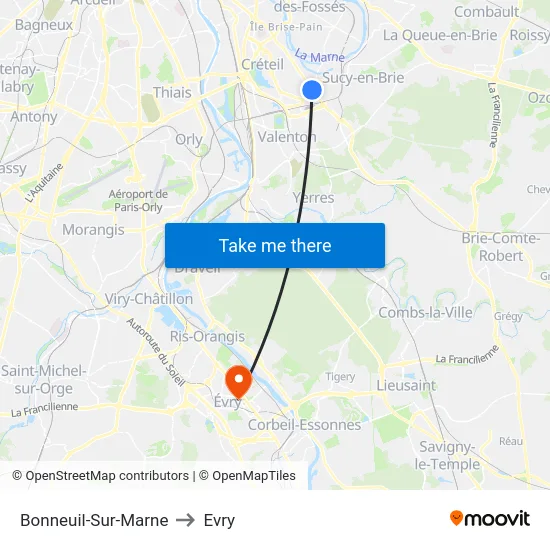 Bonneuil-Sur-Marne to Evry map