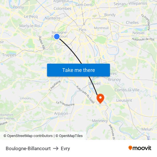 Boulogne-Billancourt to Evry map