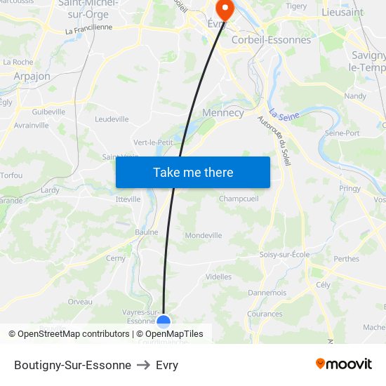 Boutigny-Sur-Essonne to Evry map