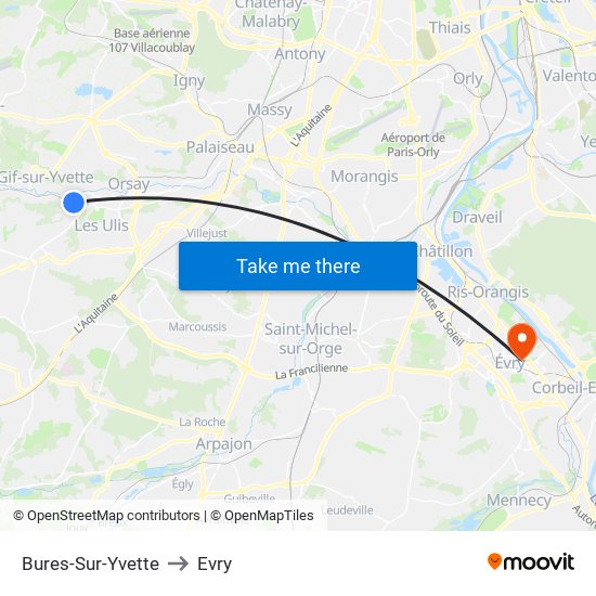 Bures-Sur-Yvette to Evry map