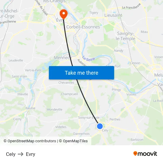 Cely to Evry map