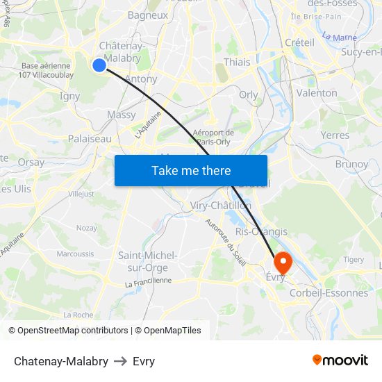 Chatenay-Malabry to Evry map