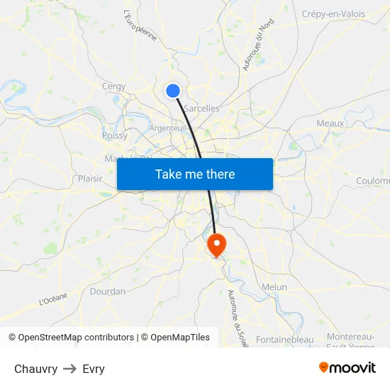 Chauvry to Evry map