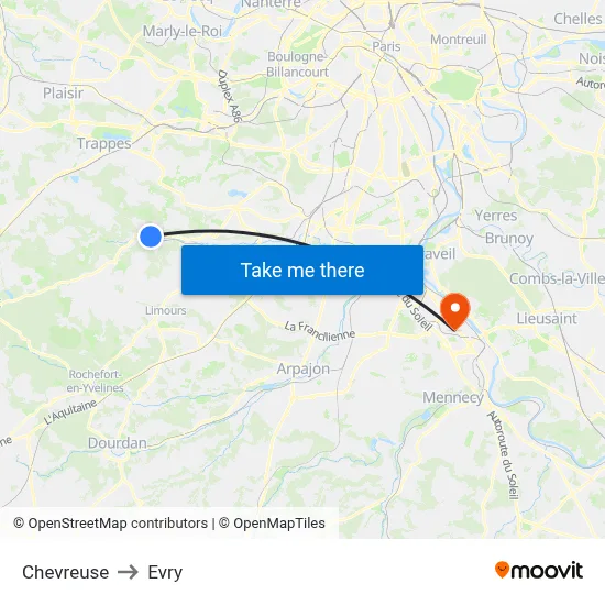 Chevreuse to Evry map