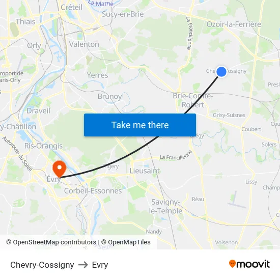 Chevry-Cossigny to Evry map
