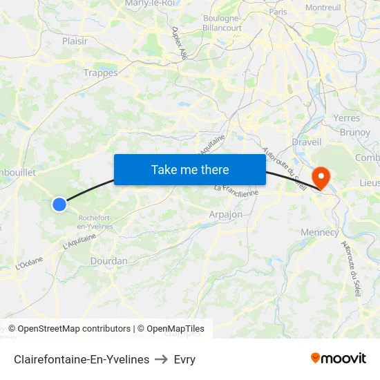 Clairefontaine-En-Yvelines to Evry map