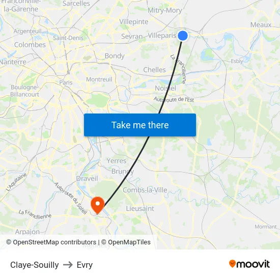 Claye-Souilly to Evry map