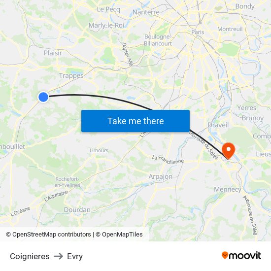 Coignieres to Evry map