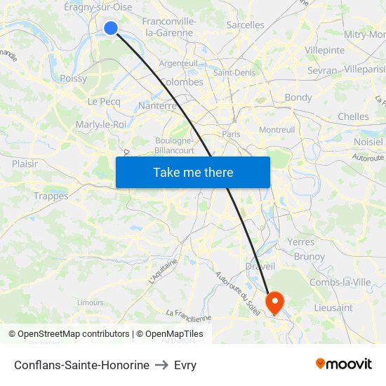 Conflans-Sainte-Honorine to Evry map