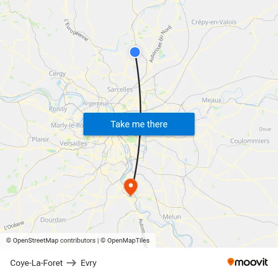 Coye-La-Foret to Evry map