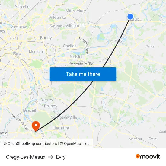Cregy-Les-Meaux to Evry map
