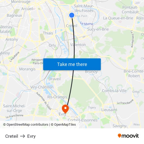 Creteil to Evry map