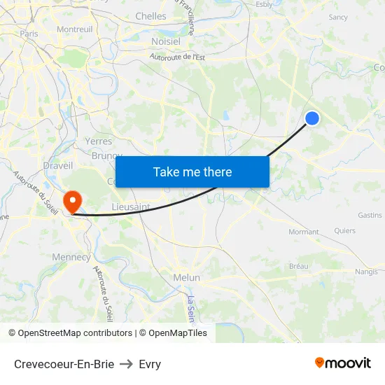 Crevecoeur-En-Brie to Evry map