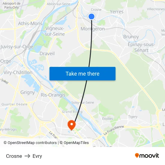 Crosne to Evry map