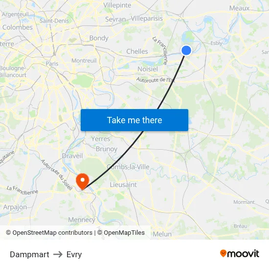 Dampmart to Evry map
