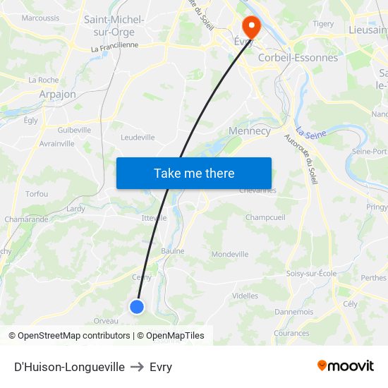 D'Huison-Longueville to Evry map