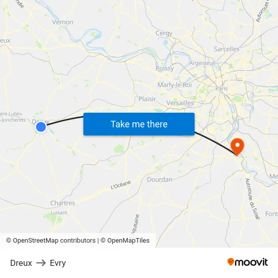 Dreux to Evry map