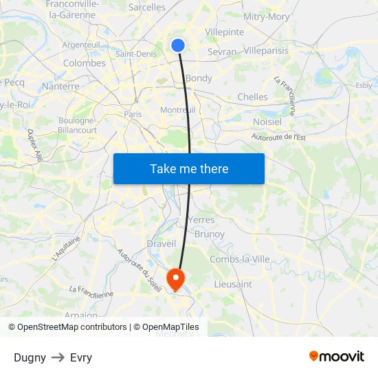 Dugny to Evry map