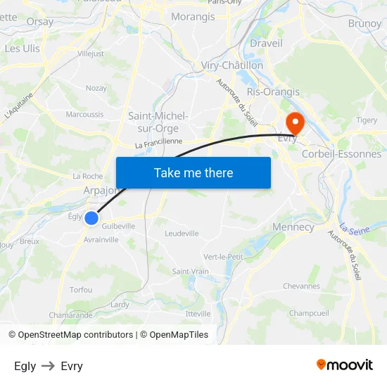 Egly to Evry map