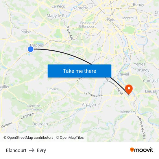 Elancourt to Evry map