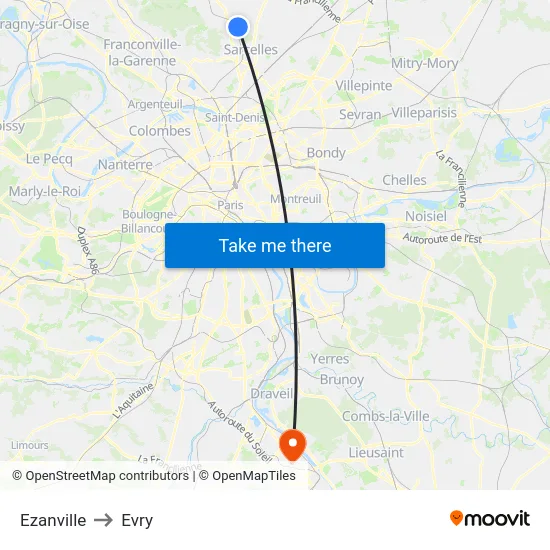 Ezanville to Evry map