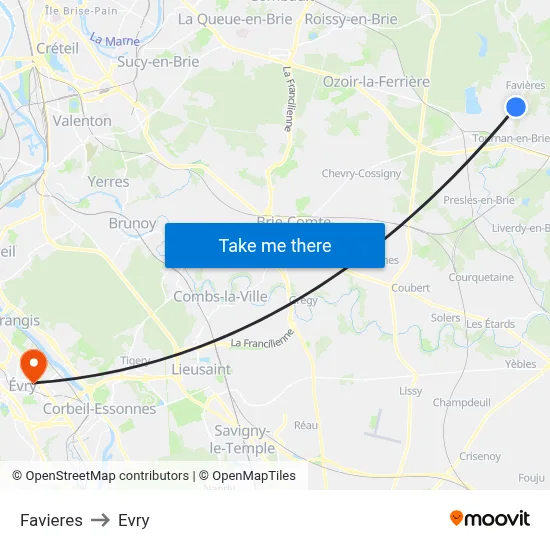 Favieres to Evry map