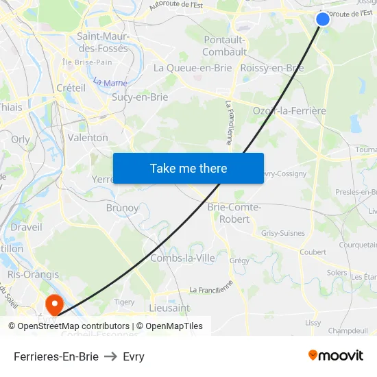 Ferrieres-En-Brie to Evry map