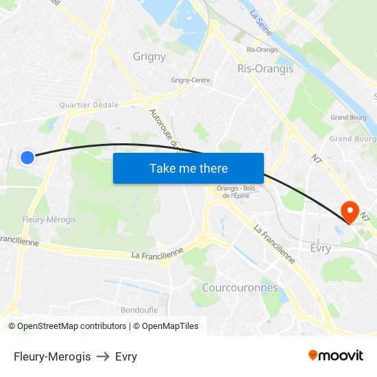 Fleury-Merogis to Evry map
