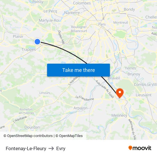 Fontenay-Le-Fleury to Evry map