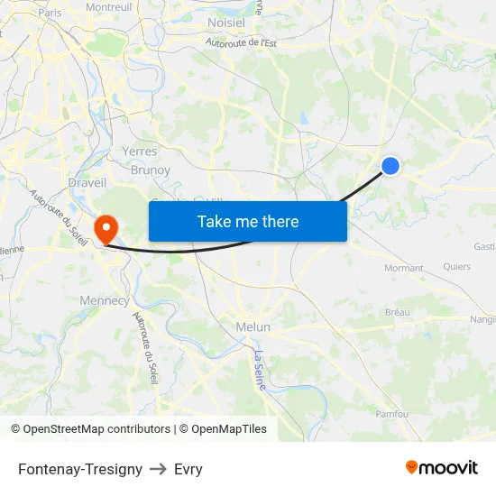 Fontenay-Tresigny to Evry map