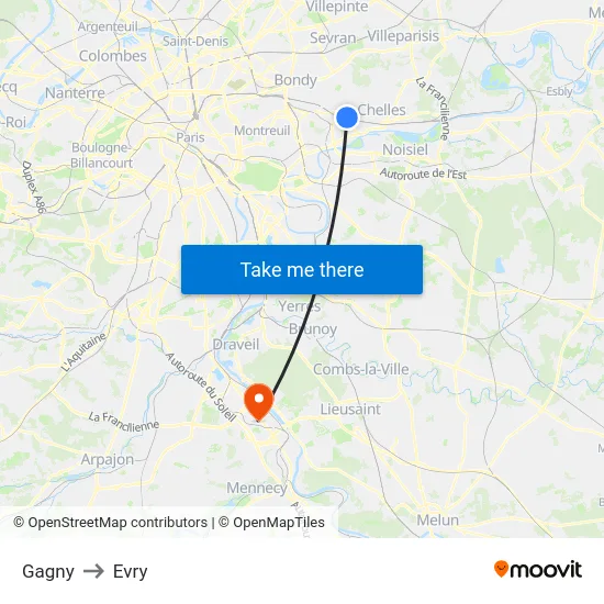 Gagny to Evry map