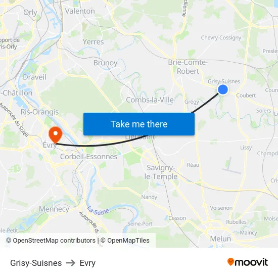 Grisy-Suisnes to Evry map
