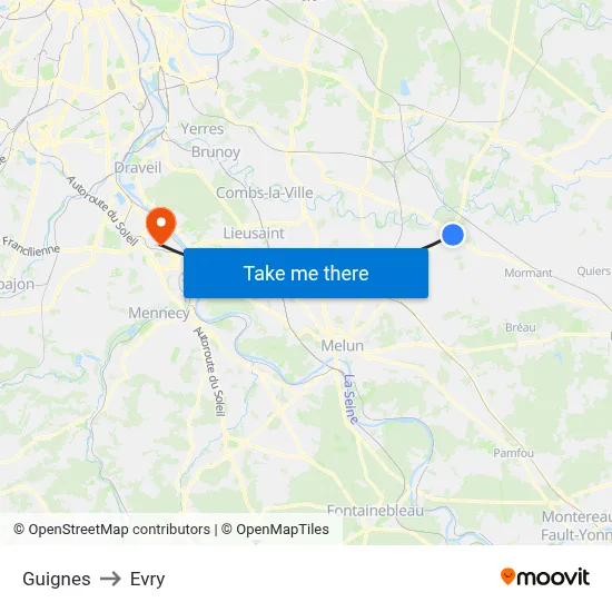 Guignes to Evry map