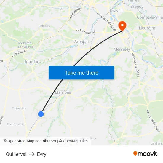 Guillerval to Evry map