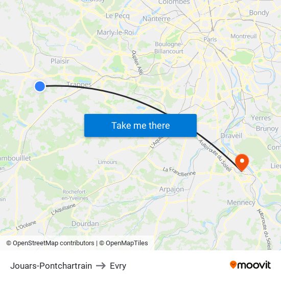 Jouars-Pontchartrain to Evry map