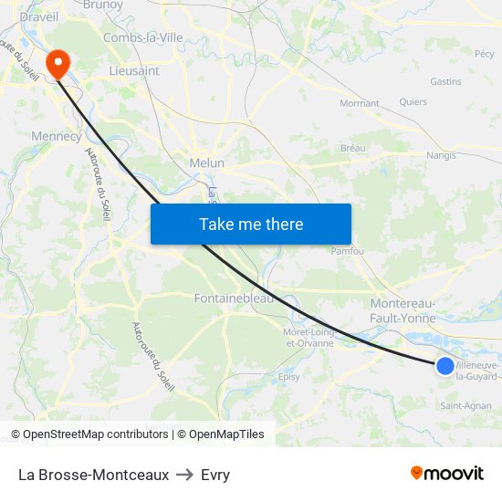 La Brosse-Montceaux to Evry map
