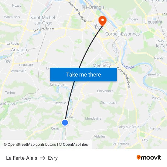 La Ferte-Alais to Evry map