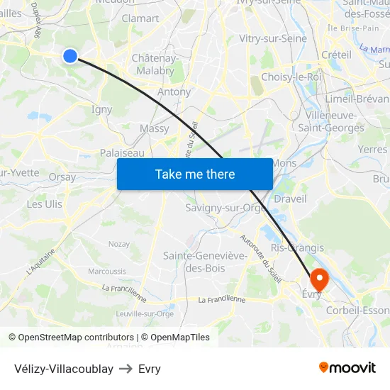 Vélizy-Villacoublay to Evry map