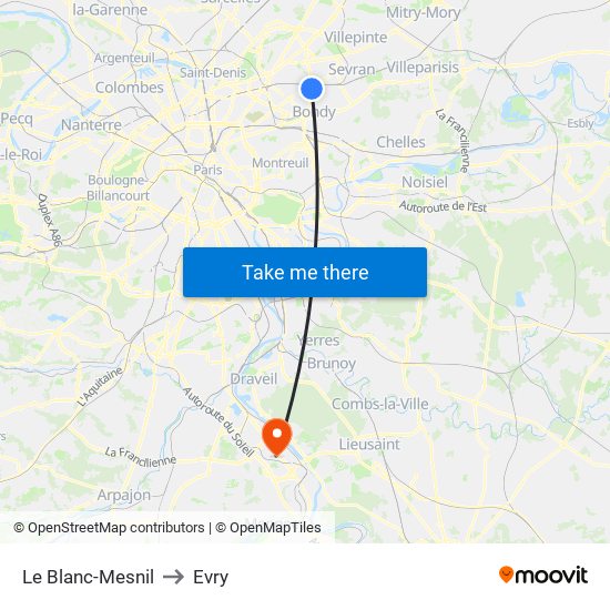 Le Blanc-Mesnil to Evry map