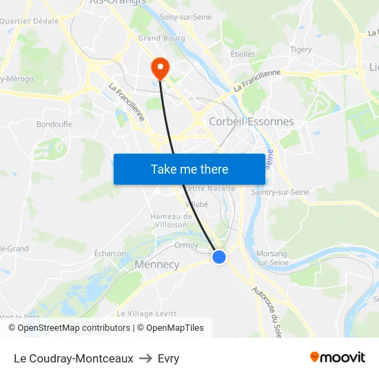 Le Coudray-Montceaux to Evry map