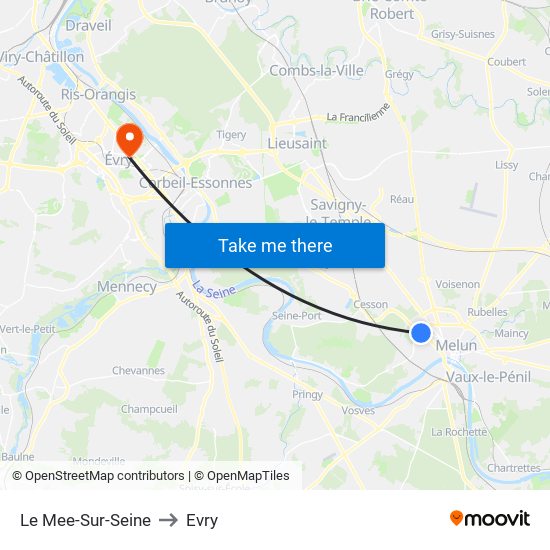 Le Mee-Sur-Seine to Evry map