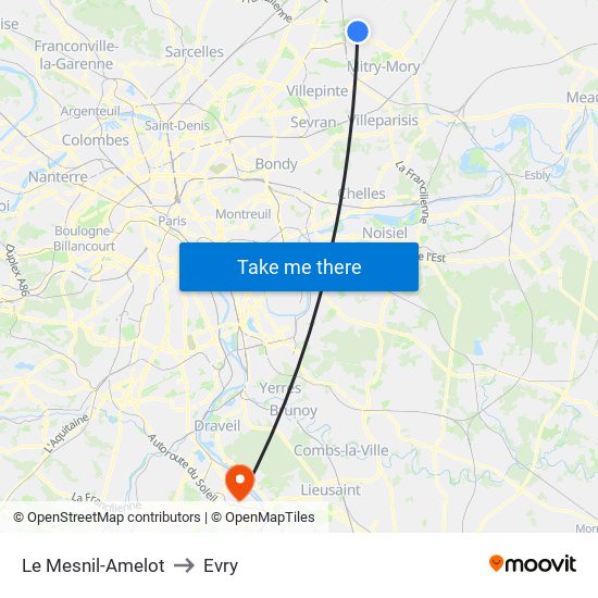 Le Mesnil-Amelot to Evry map
