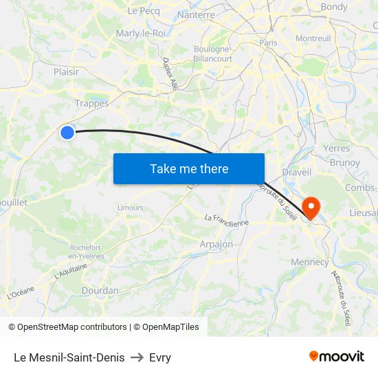 Le Mesnil-Saint-Denis to Evry map