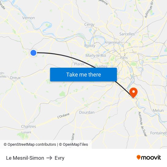 Le Mesnil-Simon to Evry map