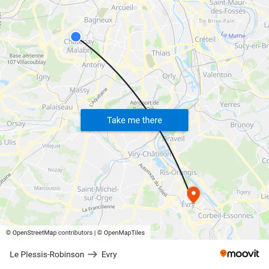 Le Plessis-Robinson to Evry map