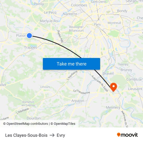 Les Clayes-Sous-Bois to Evry map