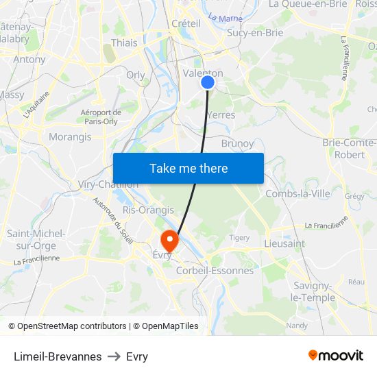 Limeil-Brevannes to Evry map